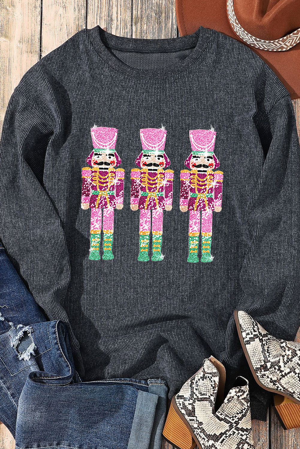 Black Christmas Sequined Nutcrackers Mineral Wash Corded Sweatshirt