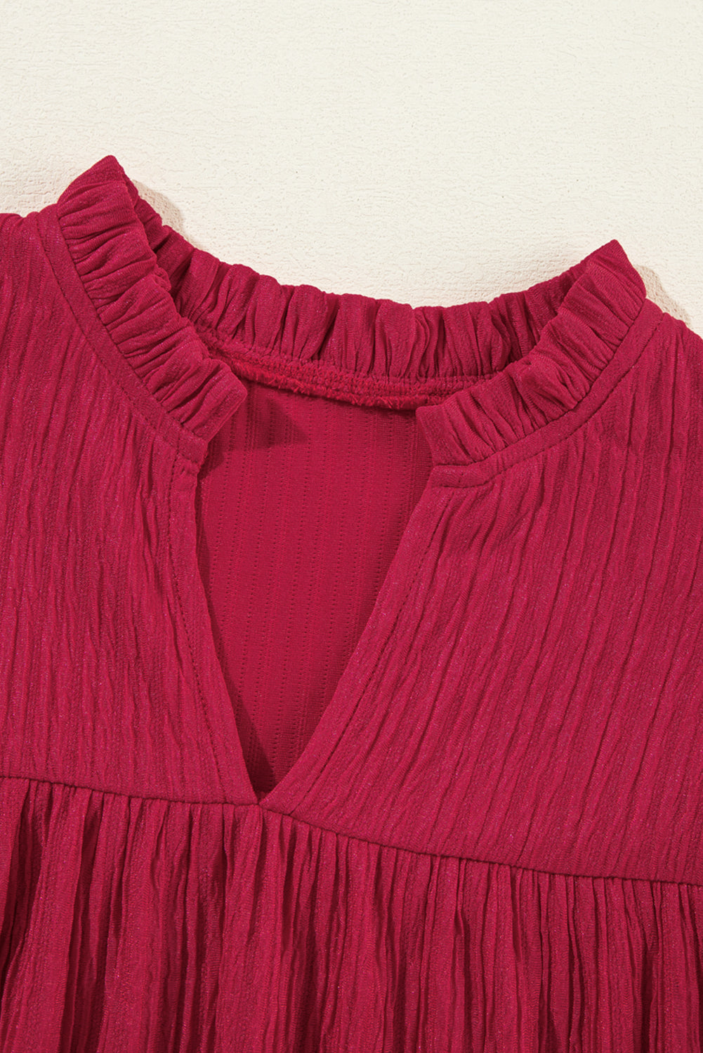 Fiery Red Textured Ruffled Trim V Neck Loose Fit Mini Dress