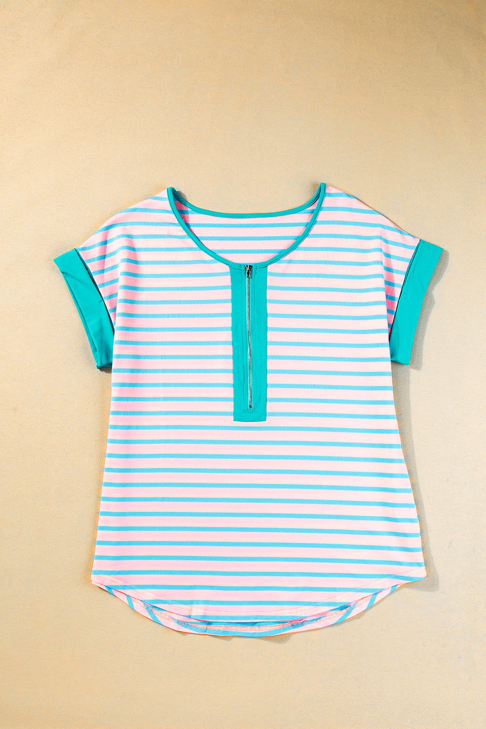 Pink Stripe Contrast Trim Half Zip Short Sleeve Top