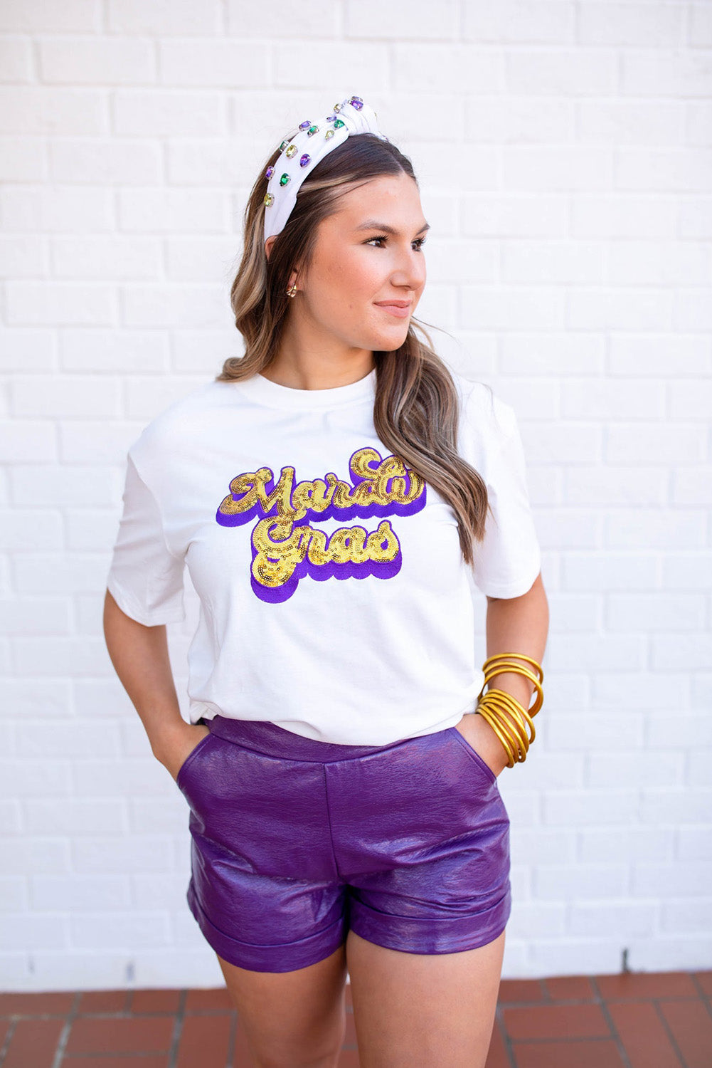 White Mardi Gras Sequin Graphic T-shirt