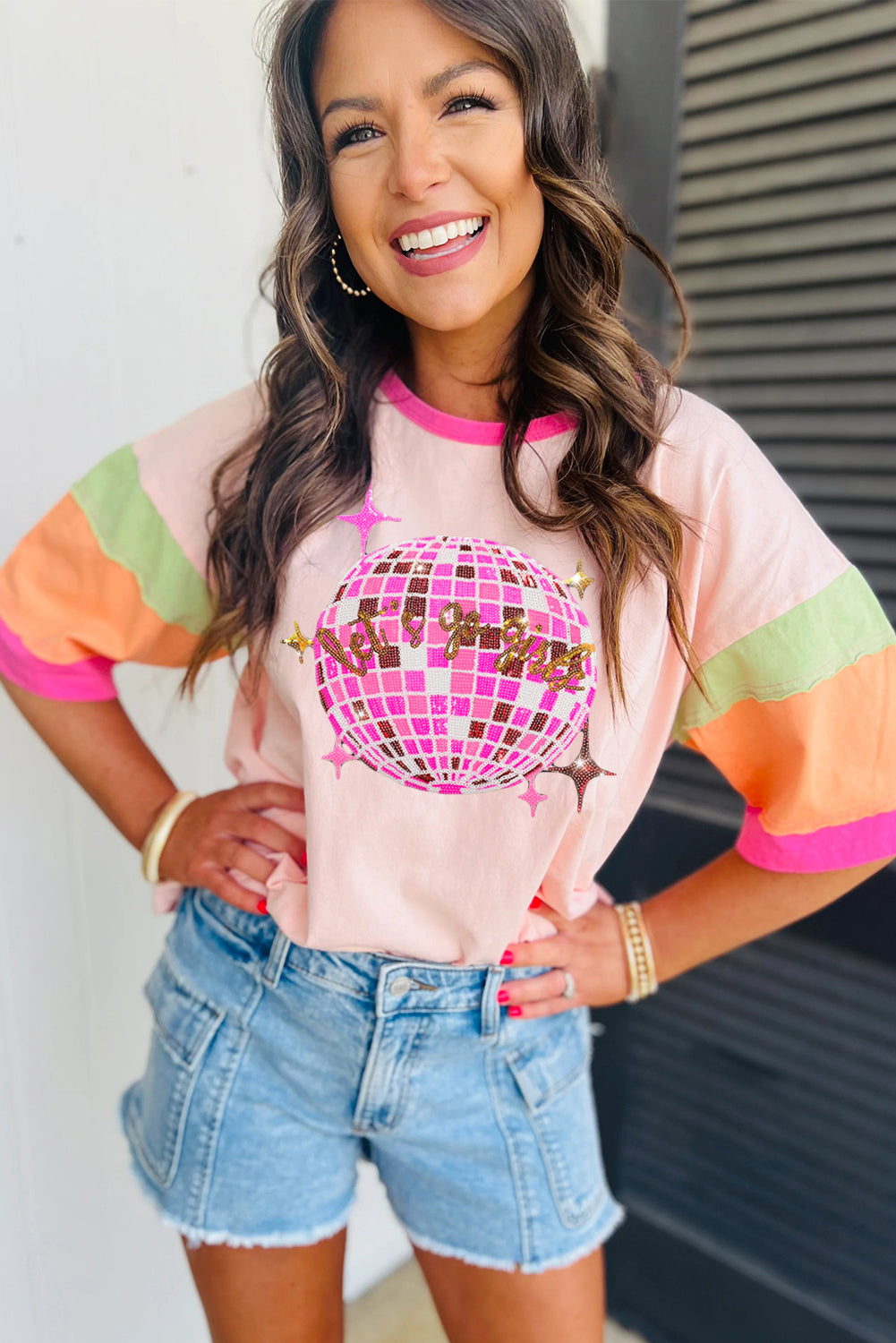 Pink Sequin Disco Ball Color Block Sleeve T-Shirts