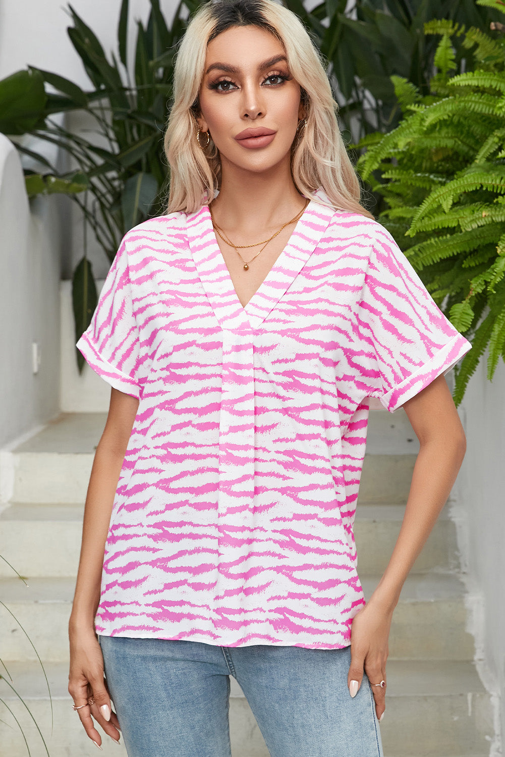 Rose Zebra Pattern V Neck Short Sleeve Blouse