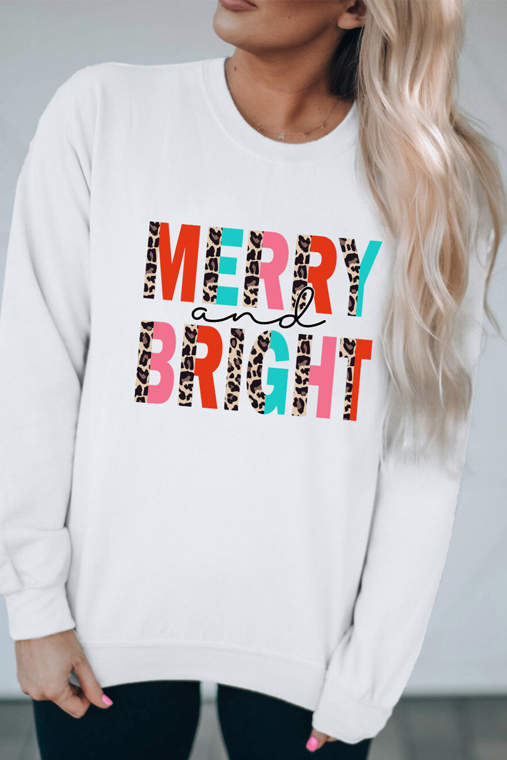 White MERRY and BRIGHT Leopard Print Pullover Sweatshirt