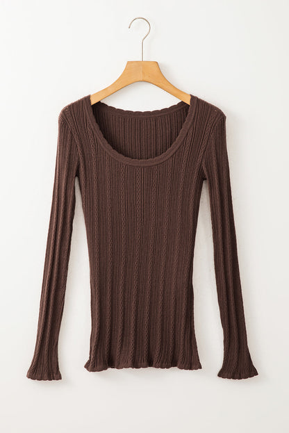 Coffee Solid Color Rib Knit U Neck Slim Fit Long Sleeve Top