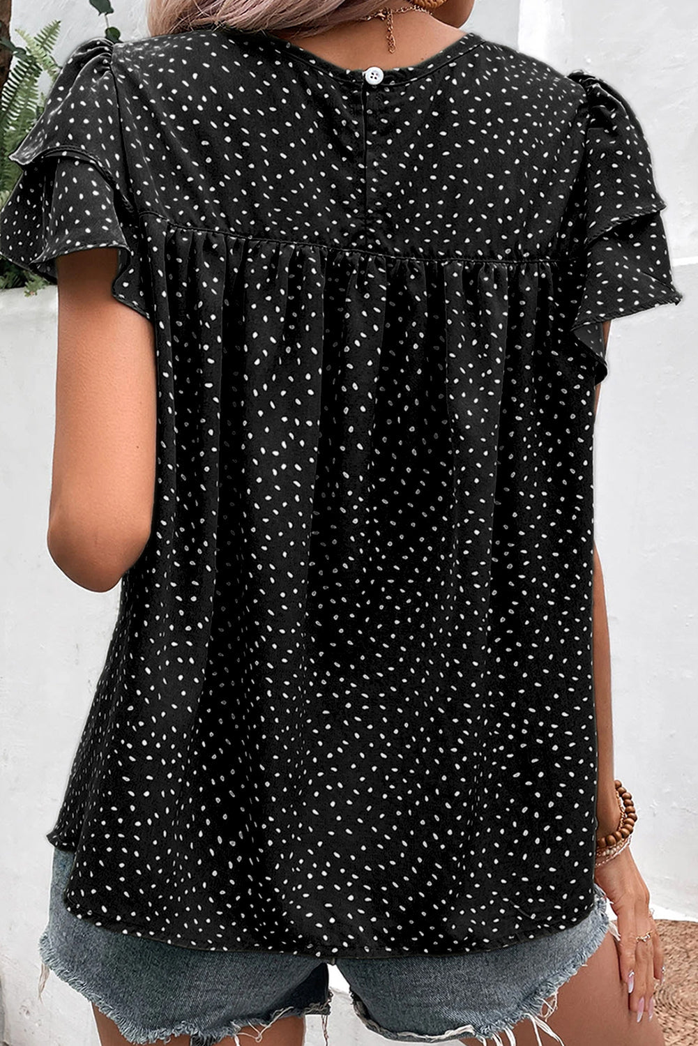 Black Dotted Ruffle Sleeve Crew Neck Ruched Blouse