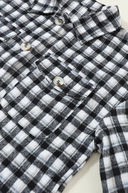 Black Plaid Print Chest Pockets Buttoned Tunic Shacket