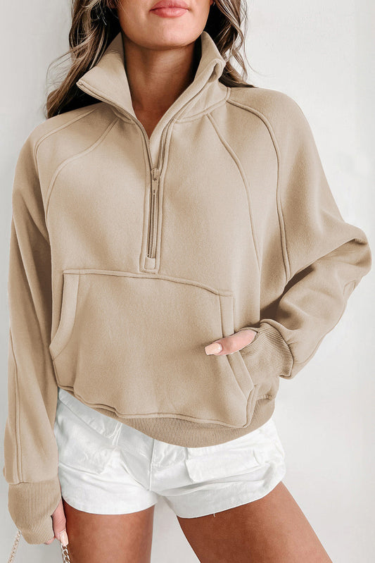 Parchment Fleece Lined Zip Up Stand Collar Thumbhole Sleeve Sweatshirt