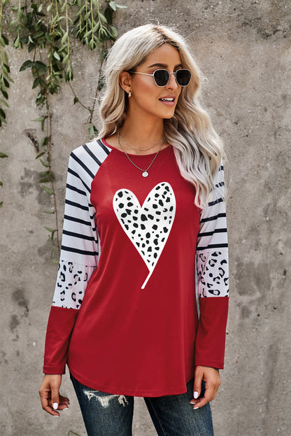 Fiery Red Valentines Leopard Heart Print Color Block Long Sleeve Top