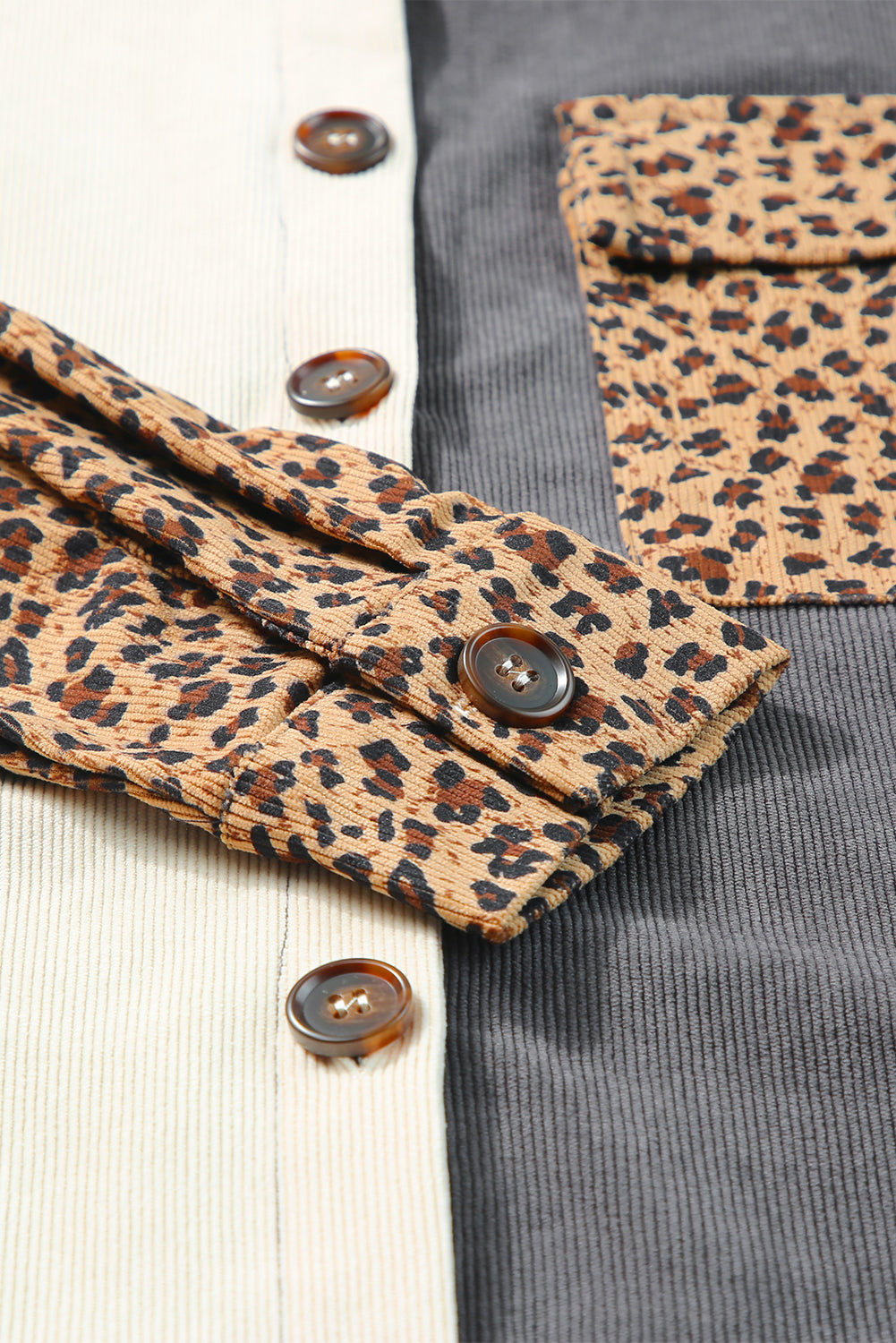 Gray Color Block Leopard Patched Corduroy Shacket