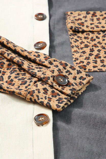 Gray Color Block Leopard Patched Corduroy Shacket