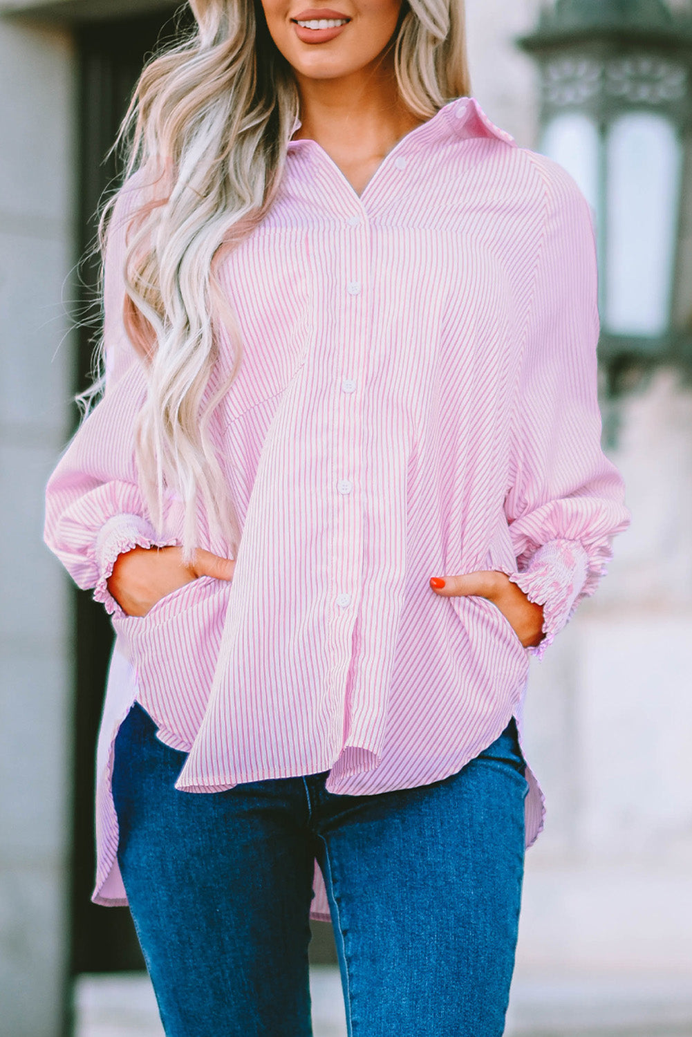 Pink Smocked Cuffed Striped Boyfriend Shirt with Pocket