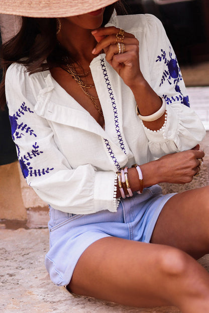 White Floral Embroidered Bracelet Sleeve Shirt