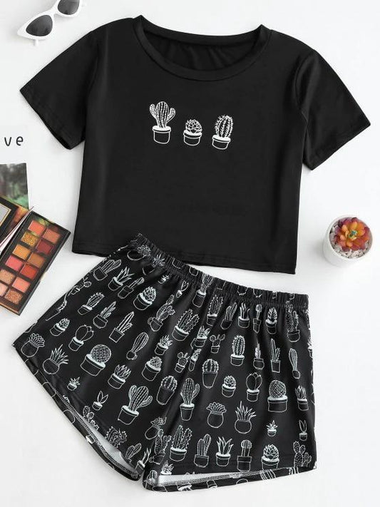 Cactus Print Tee and Shorts Set for Women