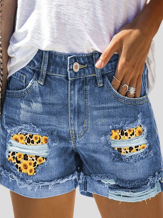 Camouflage Sunflower Ripped Patch Jeans Shorts for Women