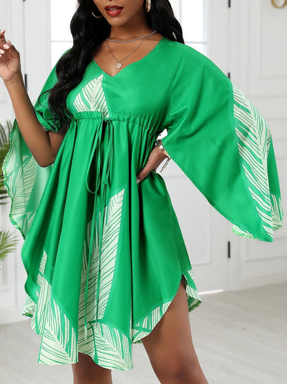 Cape Sleeve Leaves Print Ruched Dress - LuckyFash™