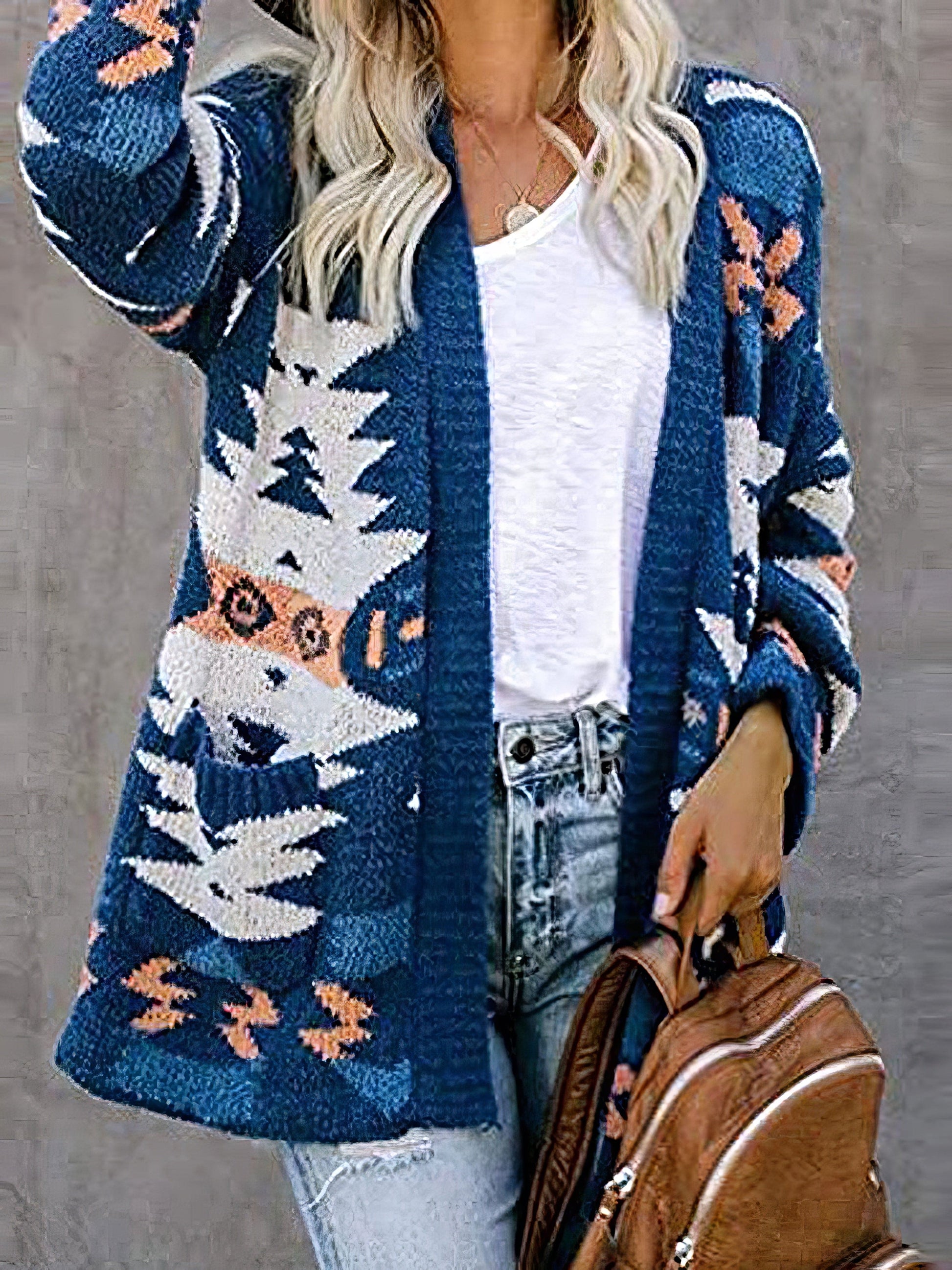 MsDressly Cardigans Printed Pocket Casual Long Sleeve Knitted Cardigan CAR2108191118BLUS