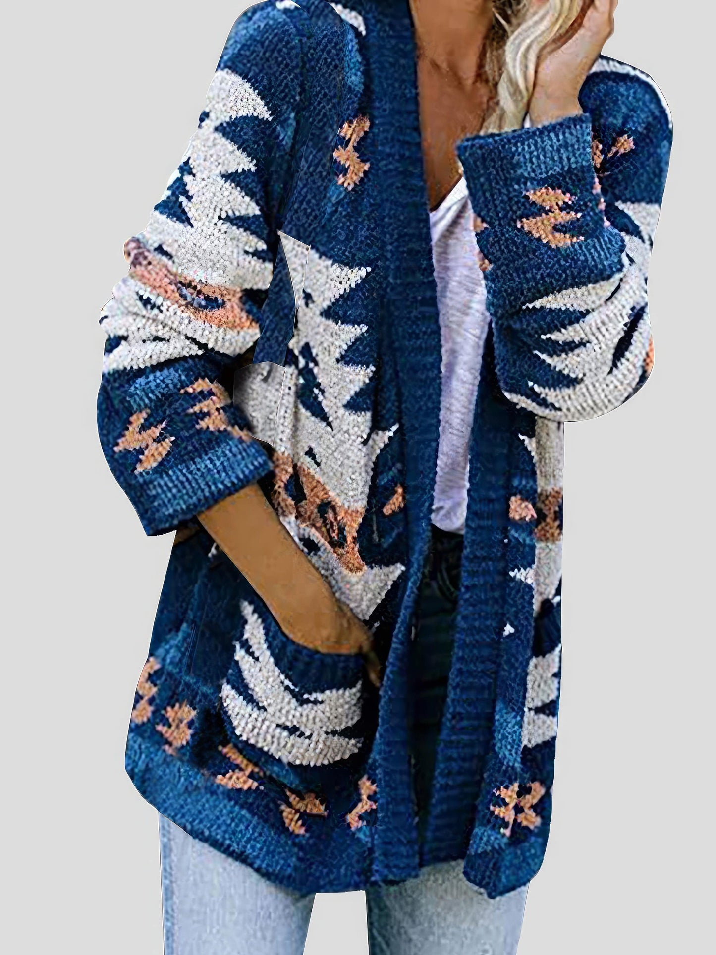 MsDressly Cardigans Printed Pocket Casual Long Sleeve Knitted Cardigan