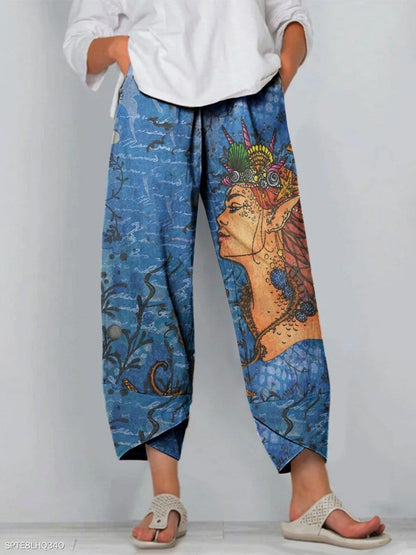 Cartoon Art Print Pocket Women's Casual Pants