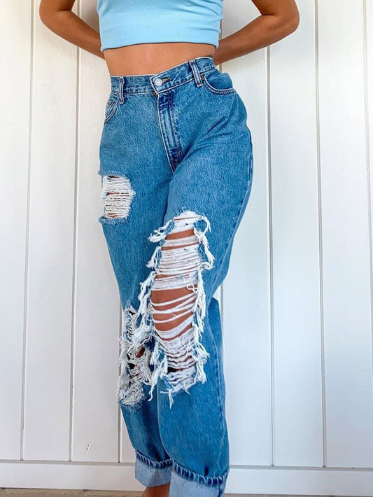 Casual Broken Hole Slim Pocket Jeans for Women