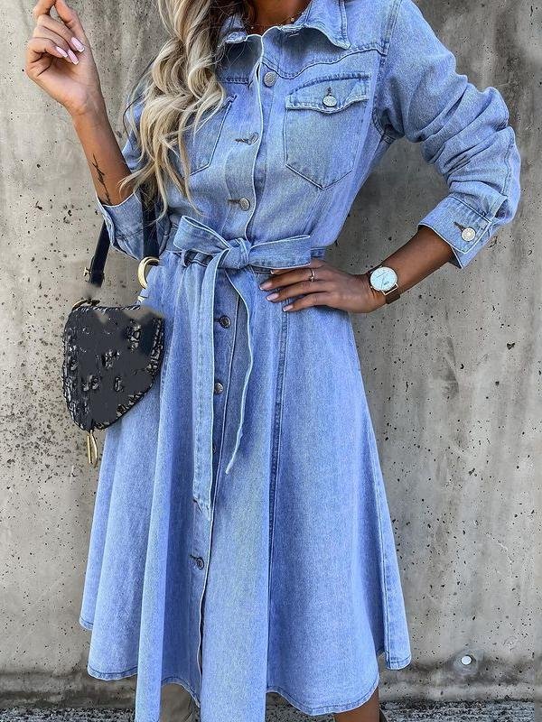 Casual Denim High Waist Pocket Dress for Women