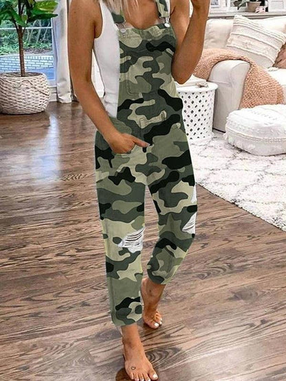 Casual Double Shoulder Strap Ripped Denim Jumpsuit for Women