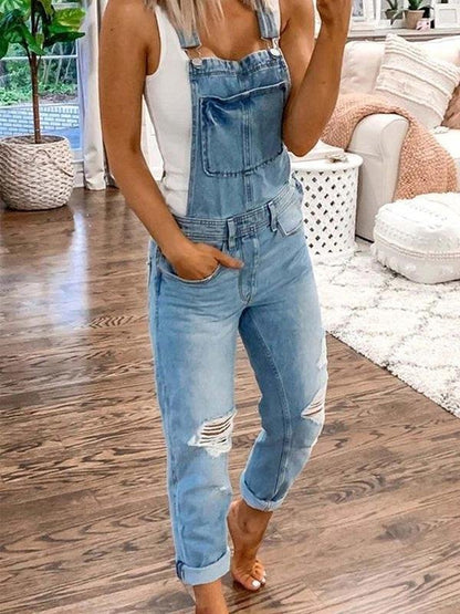 Casual Double Shoulder Strap Ripped Denim Jumpsuit for Women