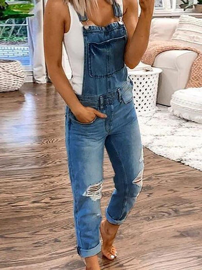 Casual Double Shoulder Strap Ripped Denim Jumpsuit for Women