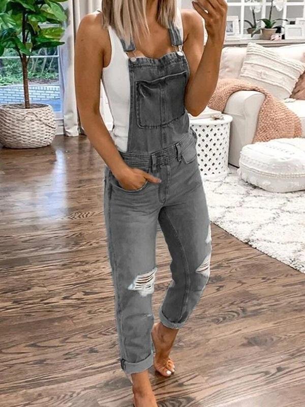 Casual Double Shoulder Strap Ripped Denim Jumpsuit for Women