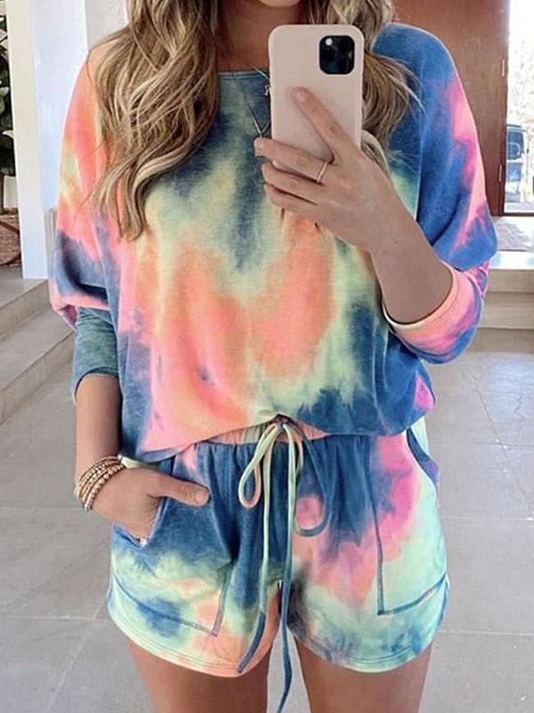 Casual Lace-Up Tie Dye Pants Suit for Women