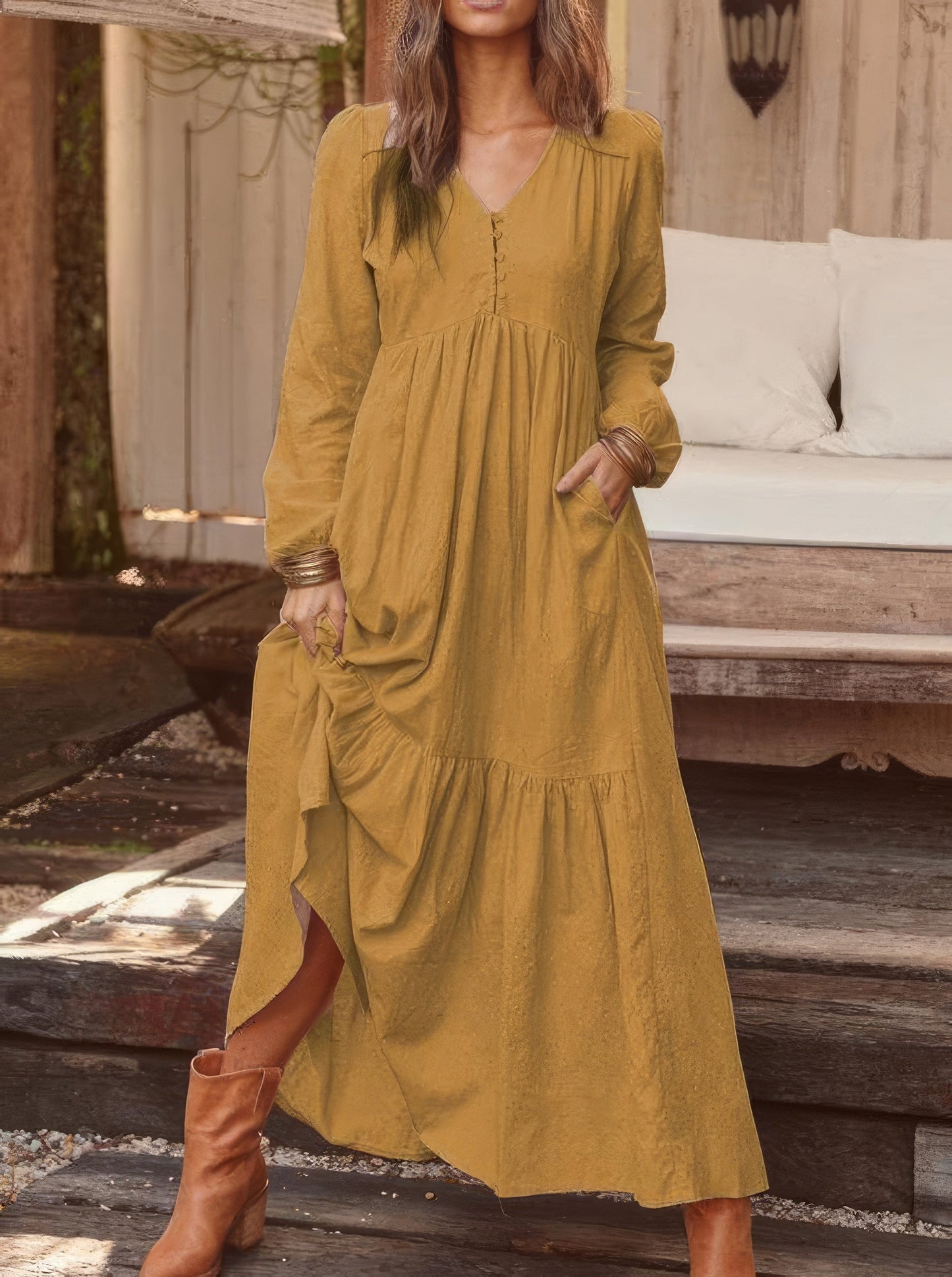 Maxi Dresses - Casual Long-sleeved Dress With Big Swing - MsDressly