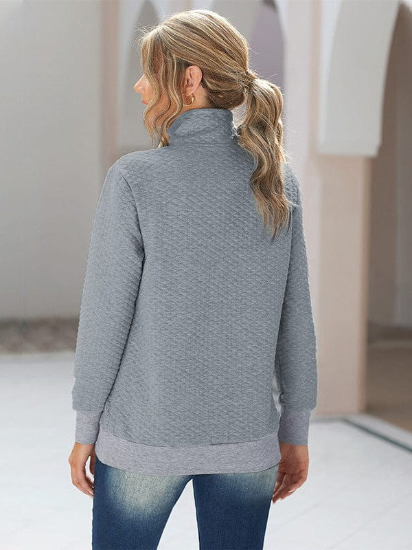 Casual Loose Fit Pullover Sweatshirt with Color Block Lapel and Half Button Detail