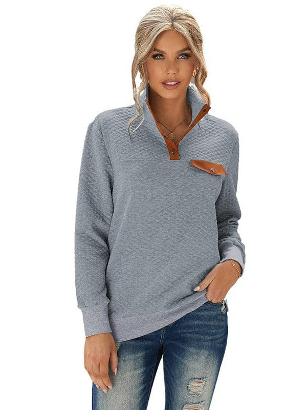 Casual Loose Fit Pullover Sweatshirt with Color Block Lapel and Half Button Detail