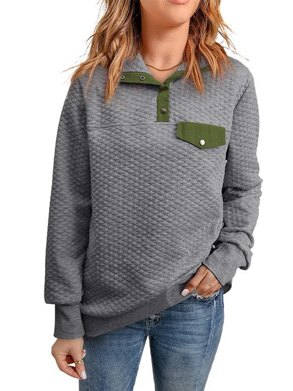 Casual Loose Fit Pullover Sweatshirt with Color Block Lapel and Half Button Detail