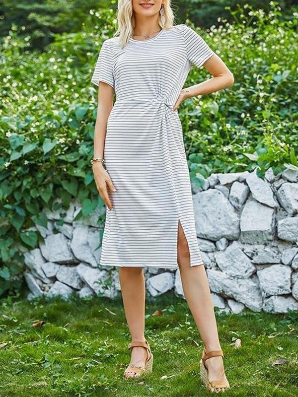 Casual Round Neck Short Sleeve Striped Knitted Dress - LuckyFash™