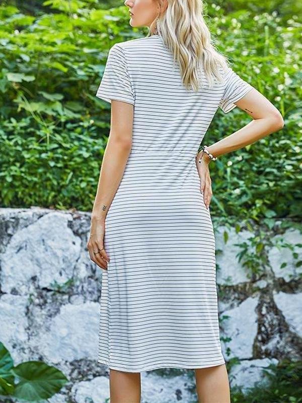 Casual Round Neck Short Sleeve Striped Knitted Dress - LuckyFash™