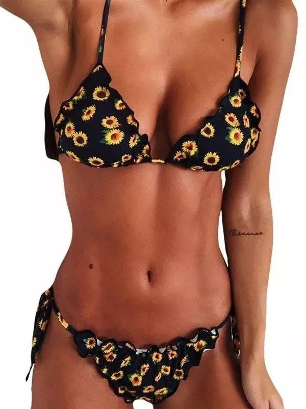 Casual Sexy Vacation Style Floral Printed Fission Bikini Set for Women