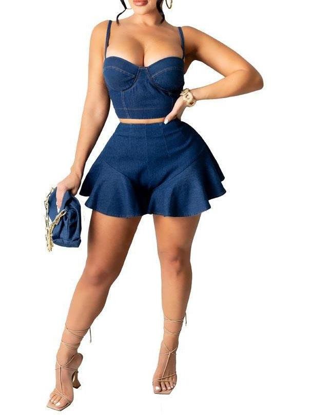 Casual Sling Wrapped Chest Denim Two-piece Outfits - LuckyFash™