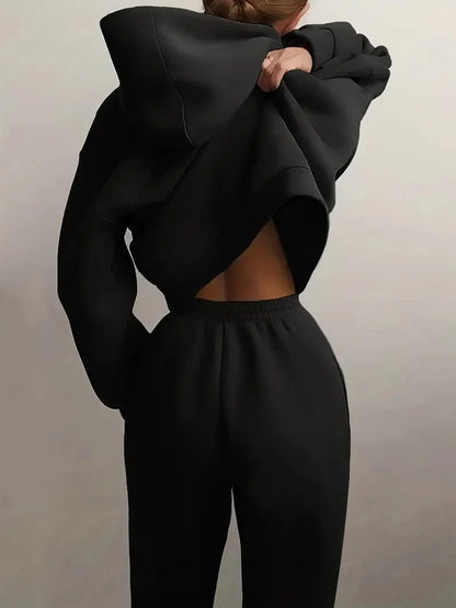 Casual Solid Drop Shoulder Hoodie & Elastic Waist Jogger Pants Two-piece Set