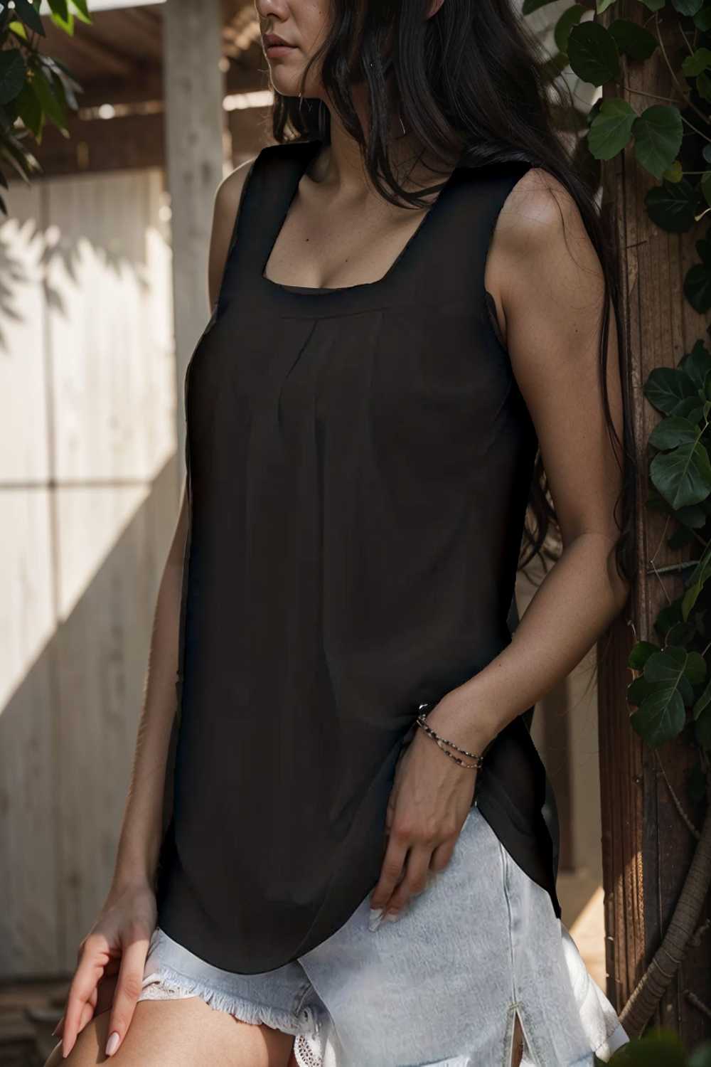 casual solid pleated square neck sleeveless tank top 113701