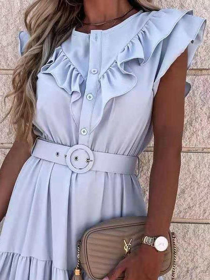 Casual Solid V-Neck Belt Short Sleeve Dress - LuckyFash™