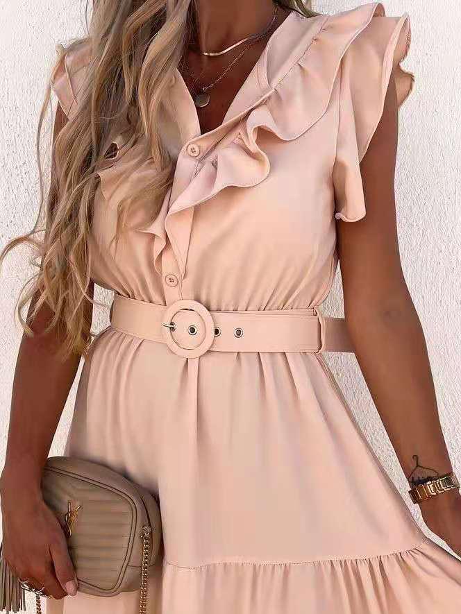 Casual Solid V-Neck Belt Short Sleeve Dress - LuckyFash™