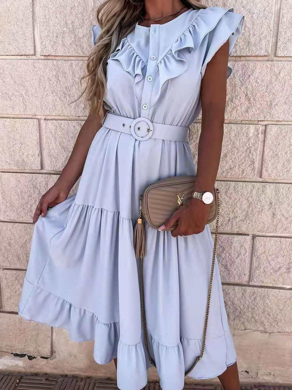 Casual Solid V-Neck Belt Short Sleeve Dress - LuckyFash™