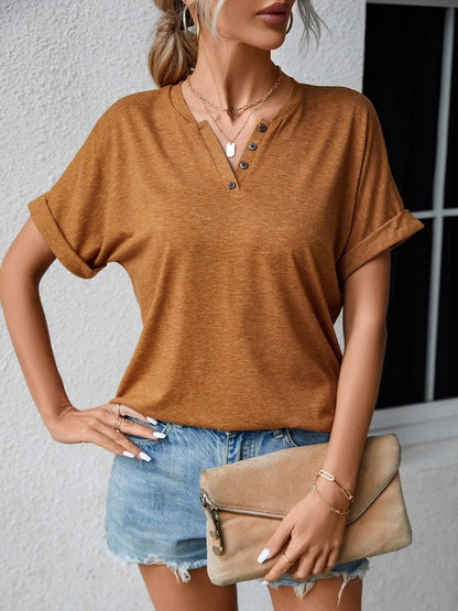 Casual V Neck Button Loose Solid Color T-Shirt