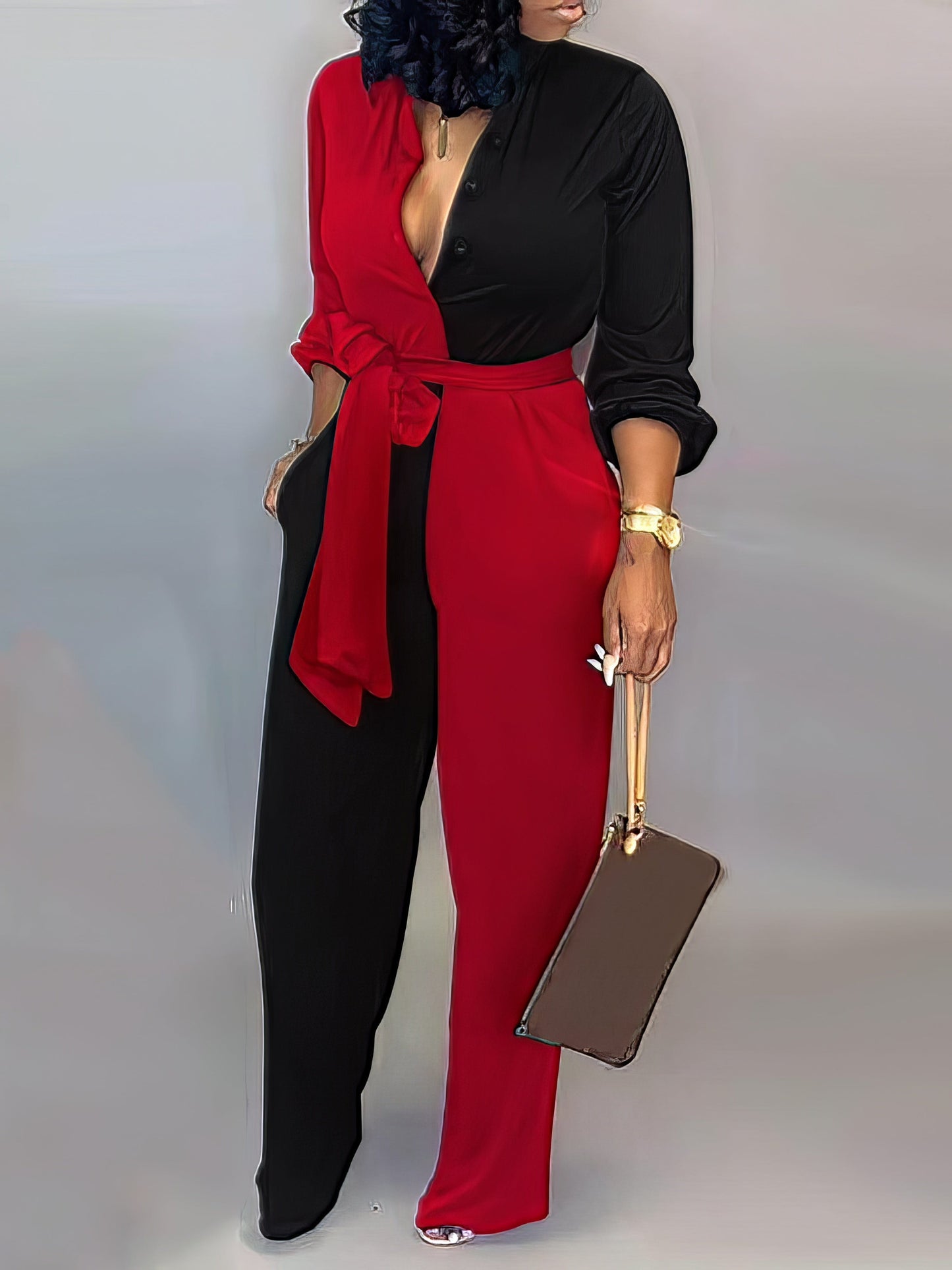 Casual V-Neck Jumpsuit with Letter Print & Knotted Detail