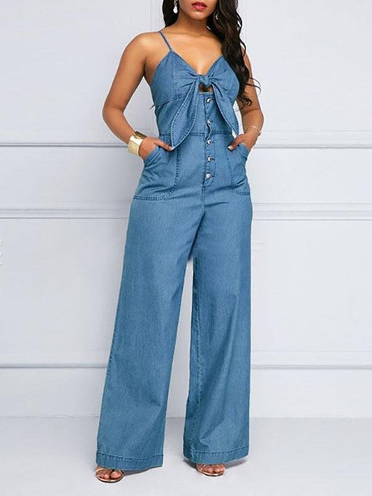 Casual V-neck Knotted Wide-leg Denim Jumpsuit for Women