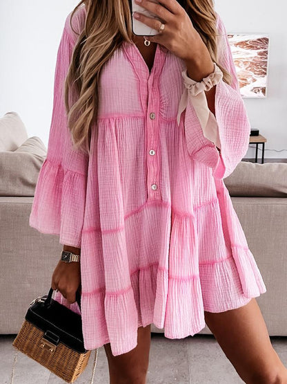 Casual V-neck Long-sleeved Ruffle Dress - LuckyFash™