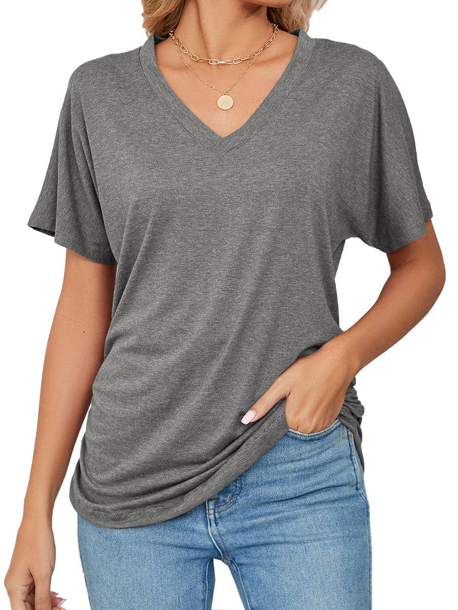 Casual V Neck Short Sleeve Solid Color Basic T-Shirt