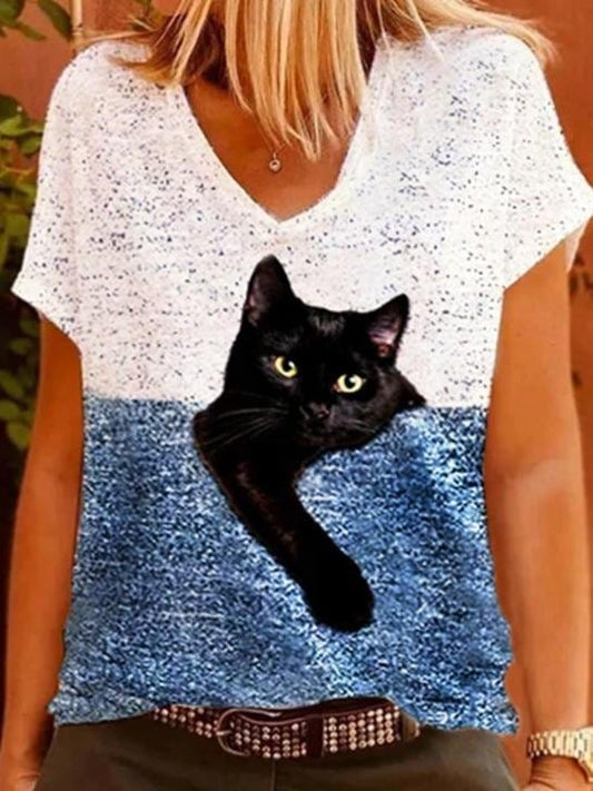 Cat Print Short Sleeve V-Neck Casual T-Shirt TSH2107011246BLUS Blue / S