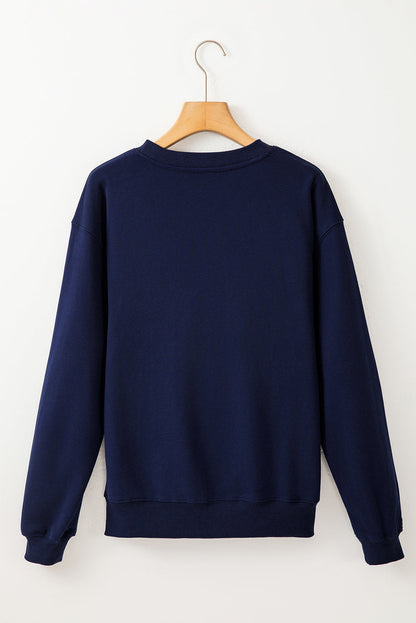 Navy Blue Solid Fleece Lined Drop Shoulder Terry Sweatshirt