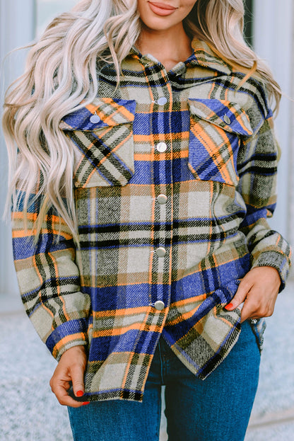 Blue Geometric Plaid Print Pocketed Shacket